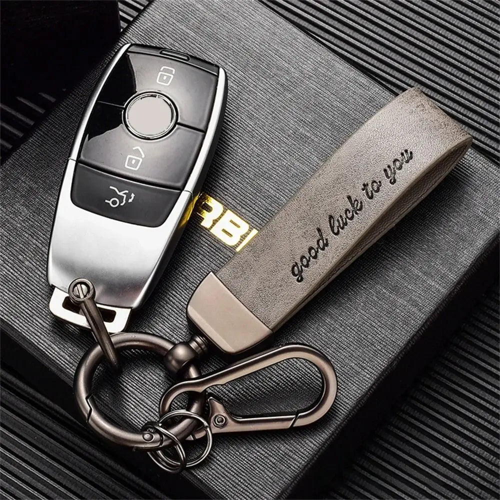 Crazy Horse Leather Car Keychain with Metal Ring